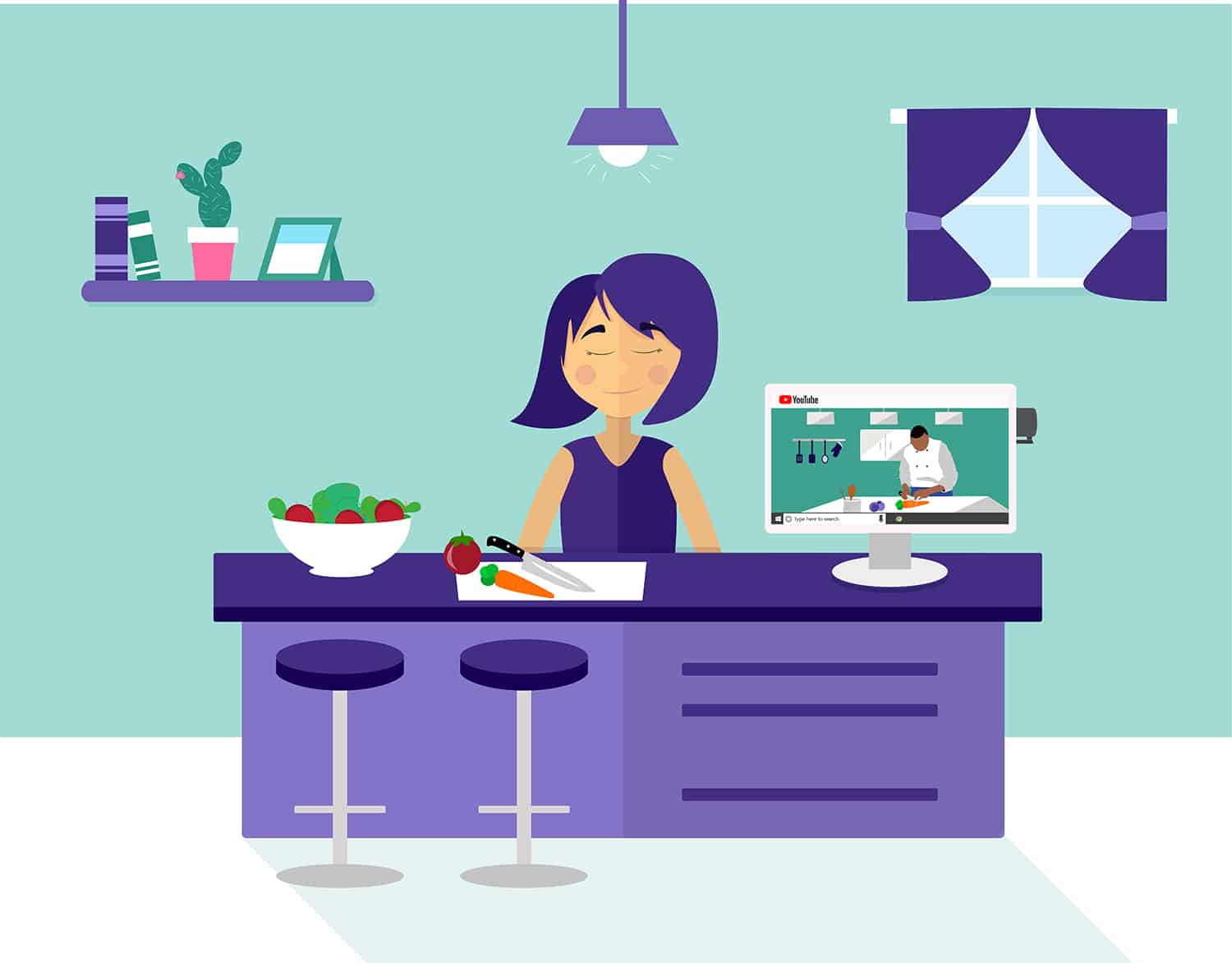 An image showing a woman cooking while watching tutorial online