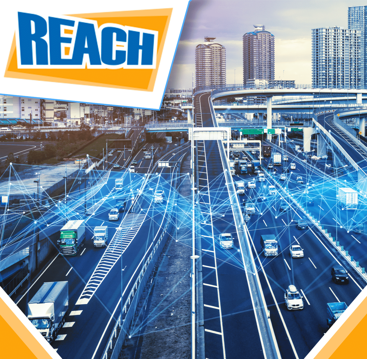Urban transportation network with digital signage and data connectivity concept overlay and "reach" text banner.