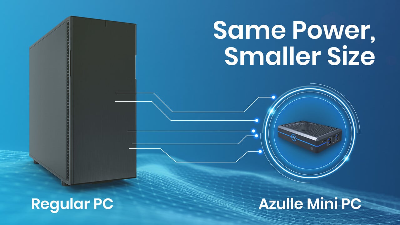 A traditional computer next to a mini PC.
