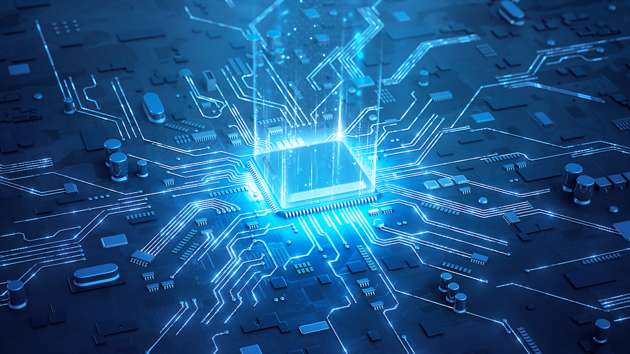 A glowing, high-tech circuit board with an illuminated central processor illustrating enhanced operations and electrical activity.