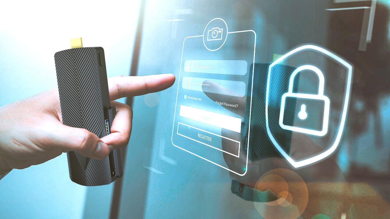 A hand holding a mini PC near a digital interface with login fields, a security padlock icon, and data security features.