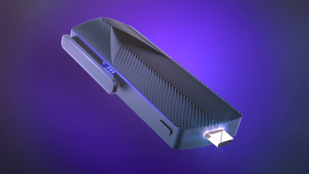 A mini pc is displayed against a purple background with a prominent LED light on the front, suggesting a modern and sleek design. 