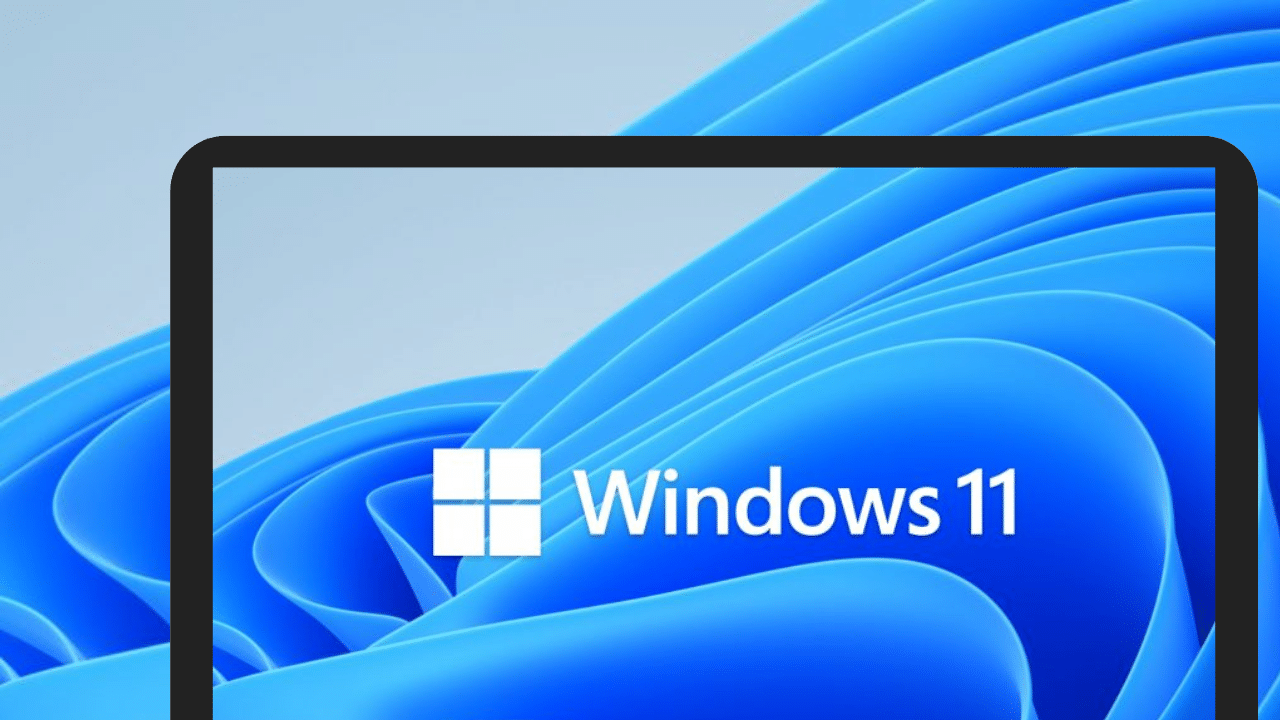 A tablet displaying the Windows 11 logo on a blue abstract wave background, symbolizing the operating system's interface.