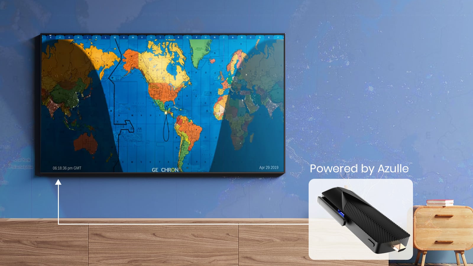A world map displayed on a digital screen mounted on a blue wall, with a small device labeled "Azulle Mini PCs" and timepices next to it.