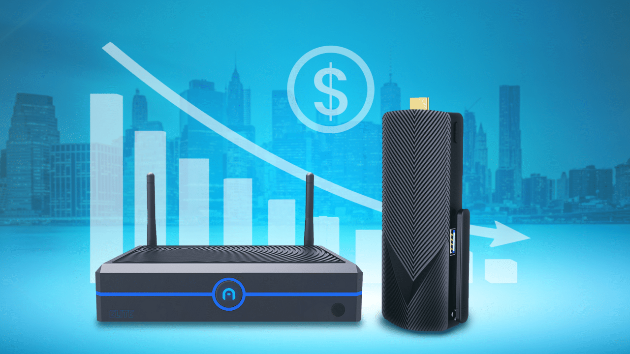 Two mini PCs against a backdrop of a city skyline with a rising financial graph, symbolizing tech growth and connectivity.