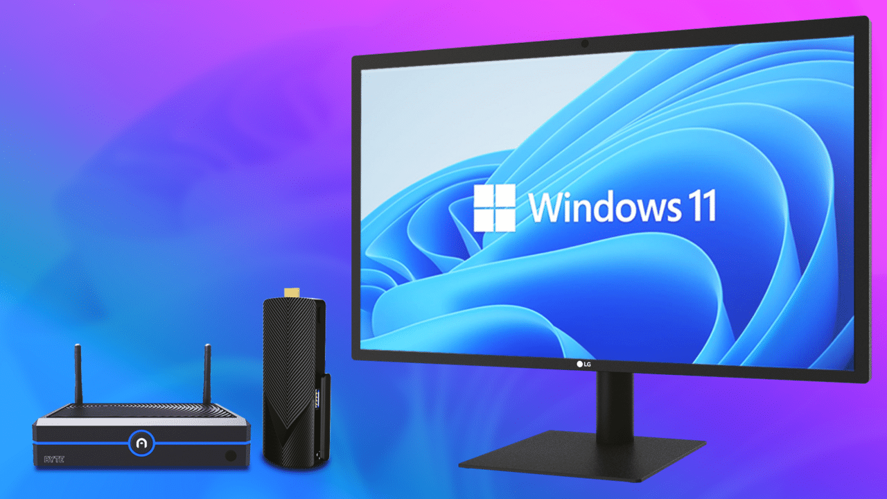 A modern desktop setup featuring a monitor displaying the Windows 11 Mini PCs logo, accompanied by a wireless router and a small black external hard drive on a purple and blue background.