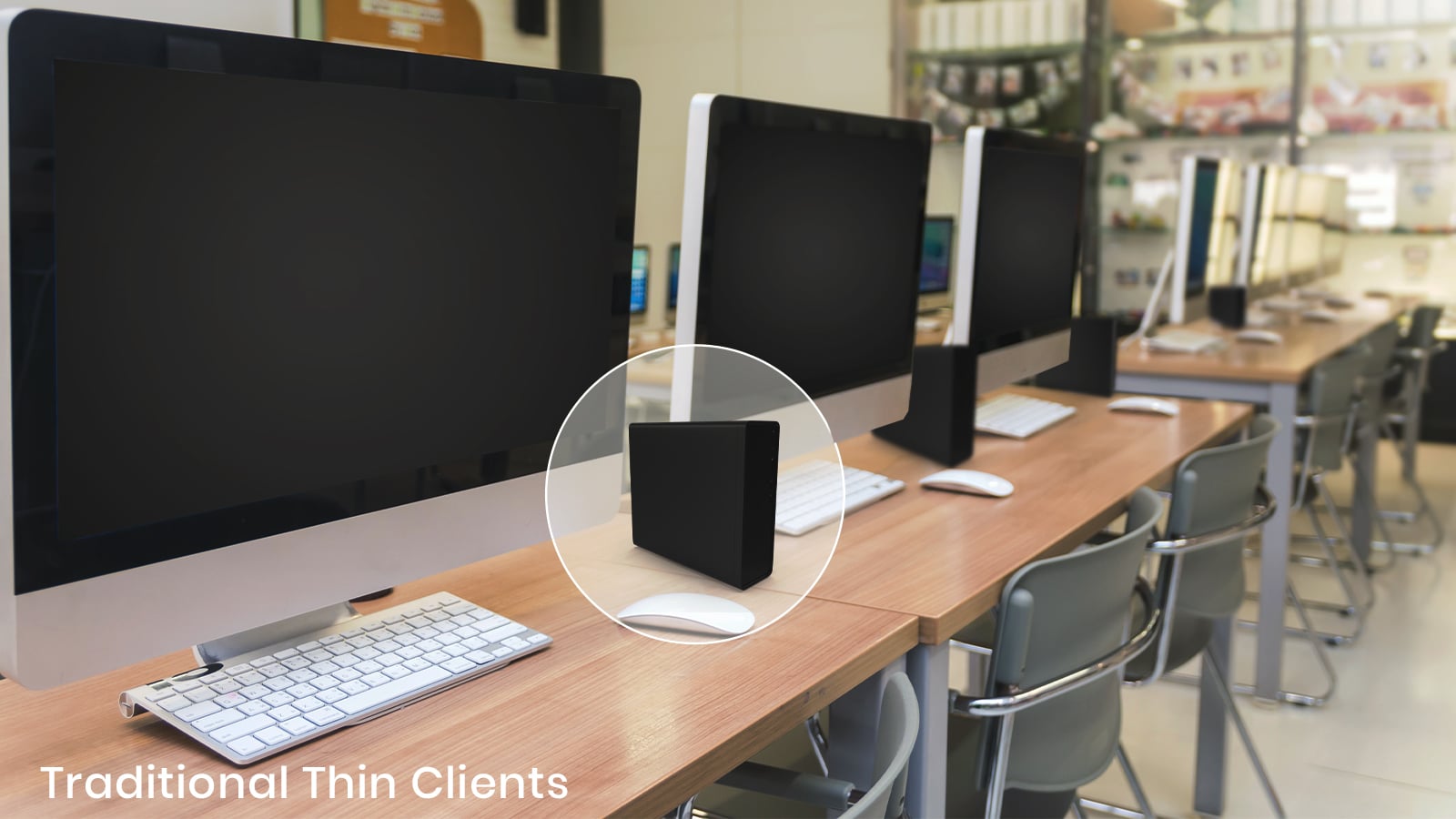 A row of desktop computers with a mini PC on a table in a classroom setting. The text "Traditional Thin Clients" is displayed in the lower left corner, highlighting their prevalence in large businesses.