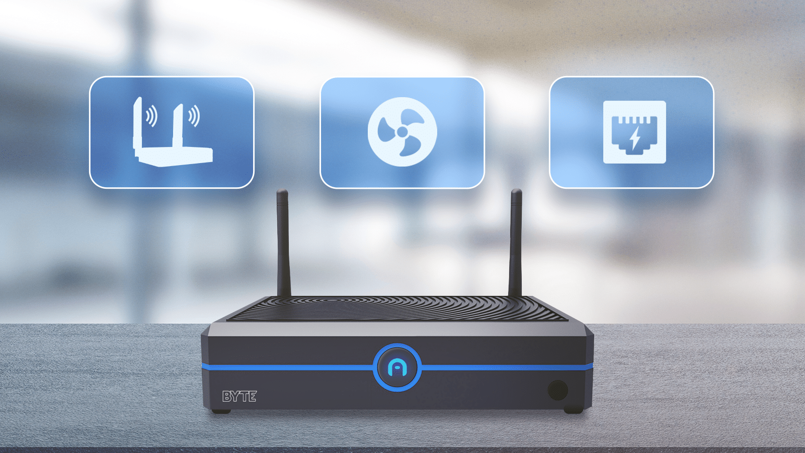 A black mini PC with two antennas is on a table, perfect for integrating into customizable computing setups. Three icons above it depict Wi-Fi, ventilation, and an ethernet port. The background is slightly blurred.