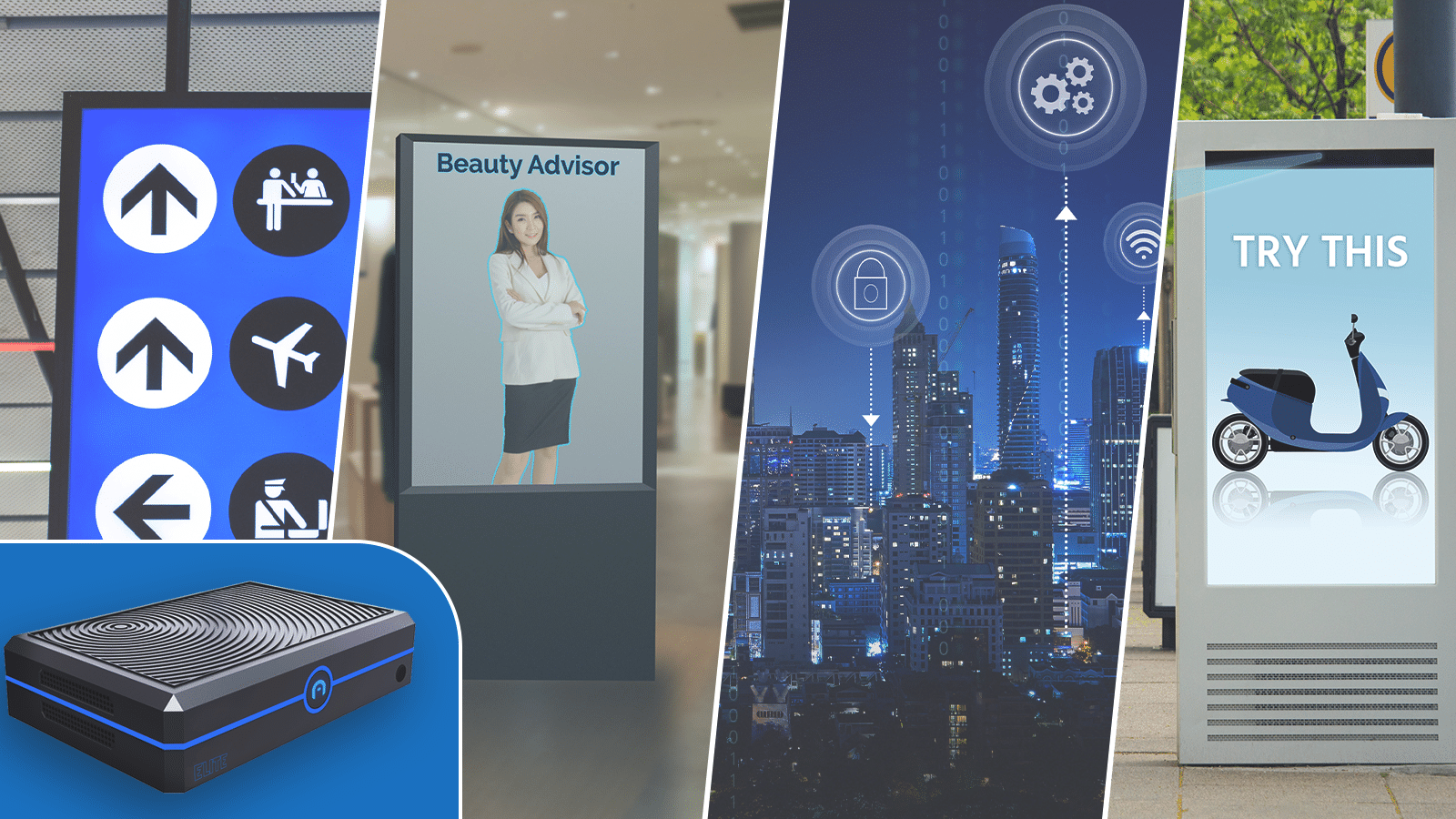 Collage of various digital signage: directional arrows, a beauty advisor display, a cityscape with digital icons, a scooter ad, and customizable computing solutions like Mini PCs for any industry.