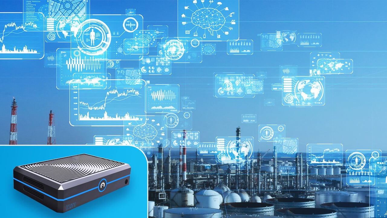 Futuristic industrial landscape with a mini PC