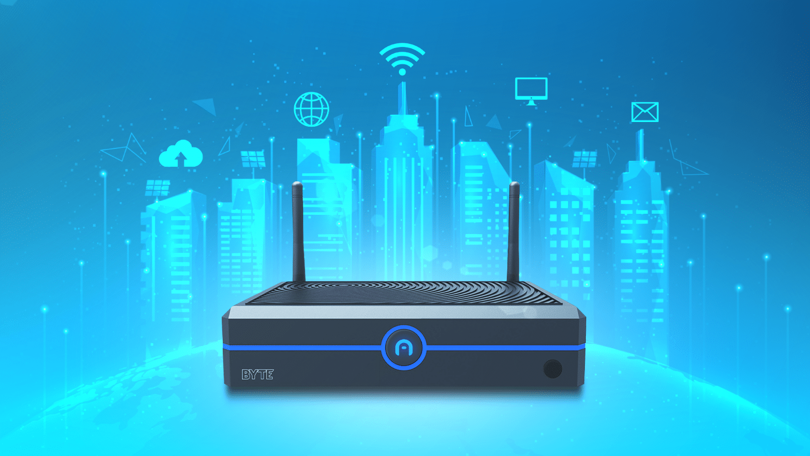 A black and blue mini PC with two antennas is shown against a futuristic cityscape background, featuring technology icons like a Wi-Fi signal, globe, computer, email, cloud, and IoT.