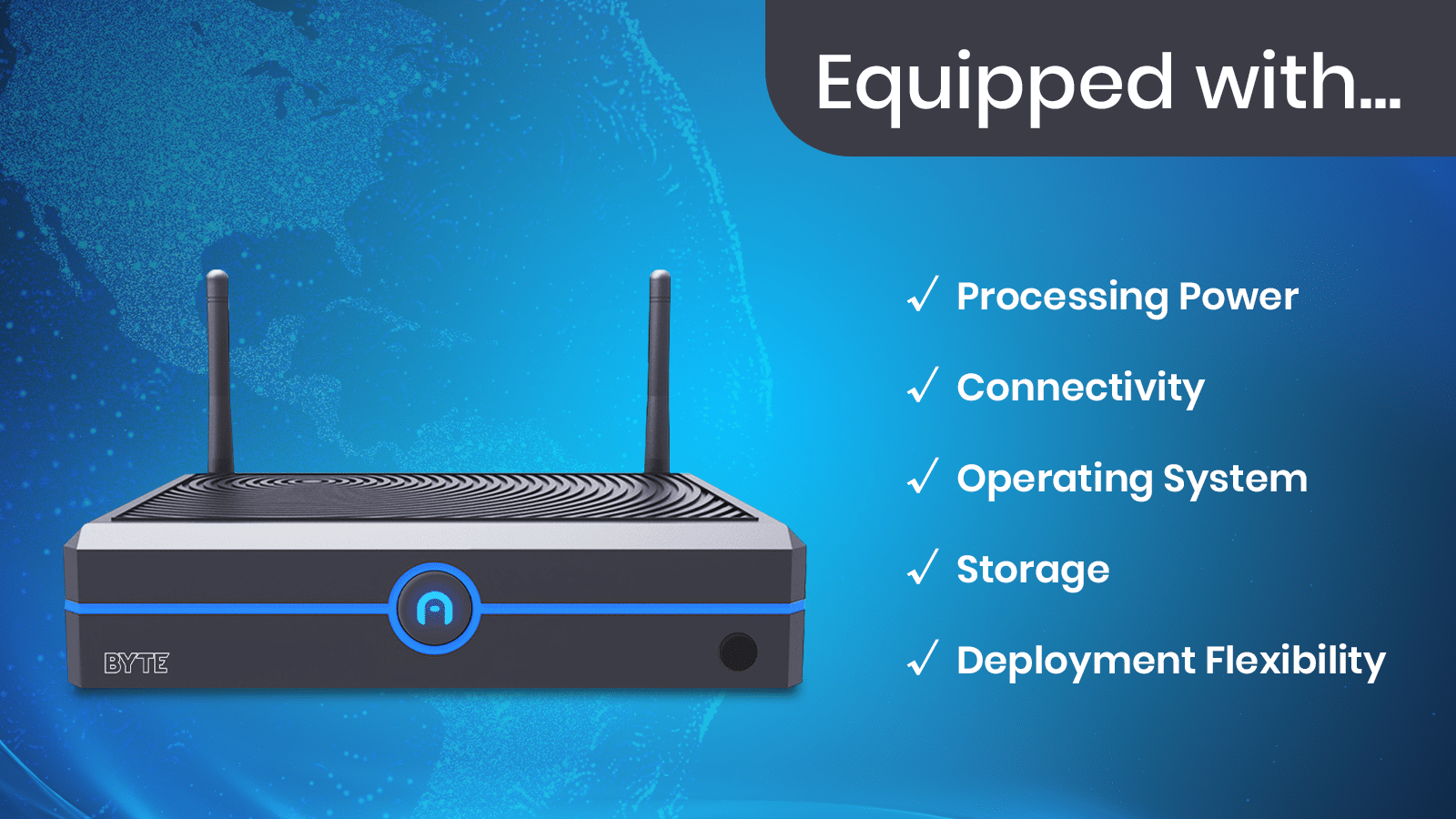 A mini PC with antennas is displayed next to a list of features: Processing Power, Connectivity, Operating System, Storage, and Deployment Flexibility.
