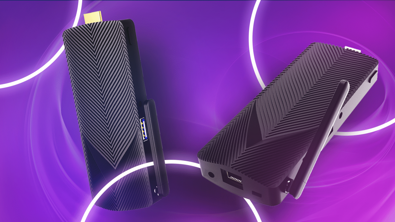 Two black, rectangular electronic devices with textured patterns and antennae are displayed on a purple background with white circular light effects, resembling the sleek design of an Azulle Access Mini PC Stick.