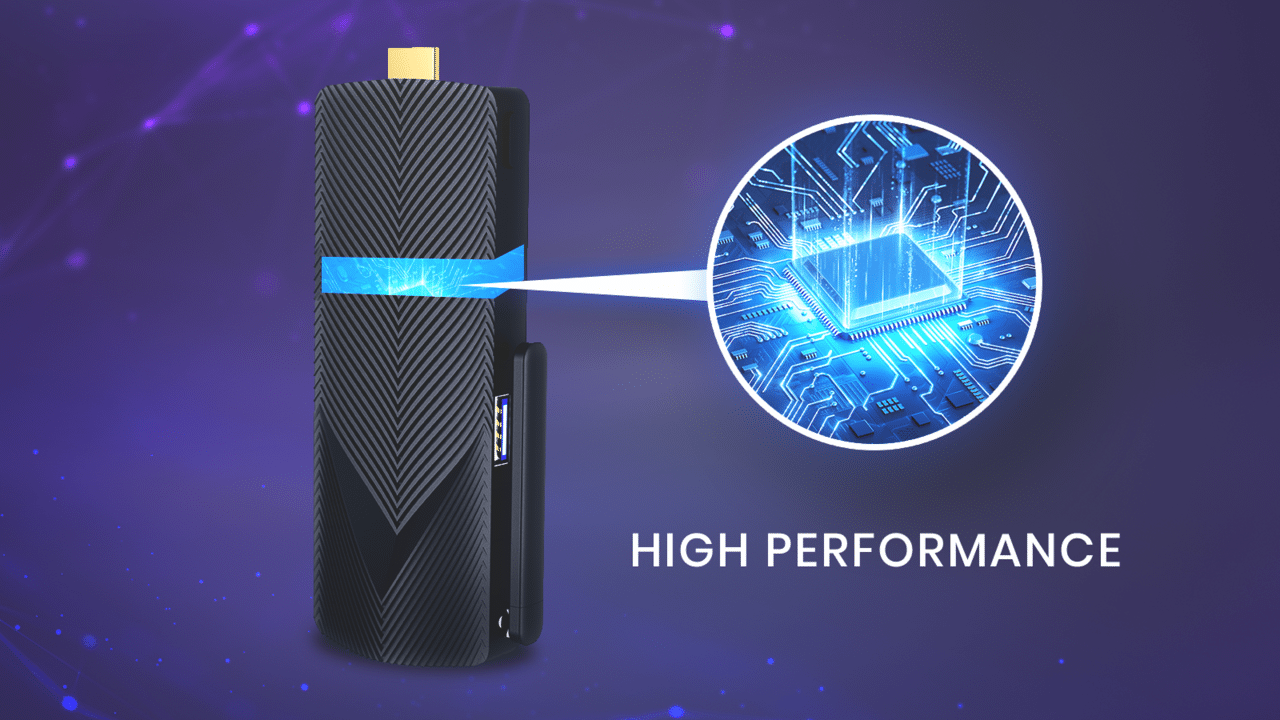 High-performance Azulle Access Mini PC Stick with detailed circuitry illustration highlighting advanced internal components.