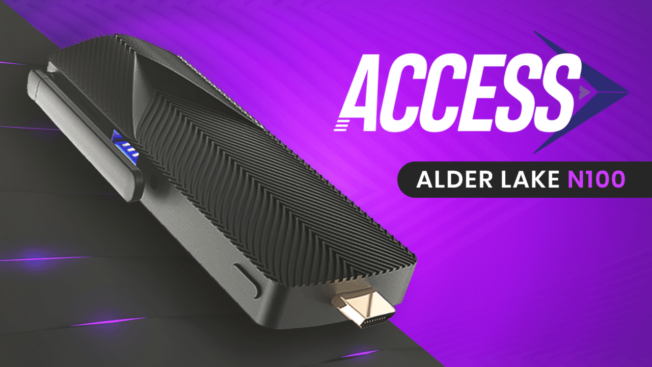 A black Alder Lake N Series mini PC rests on a purple and black background with the word "Azulle Access" prominently displayed beside it.