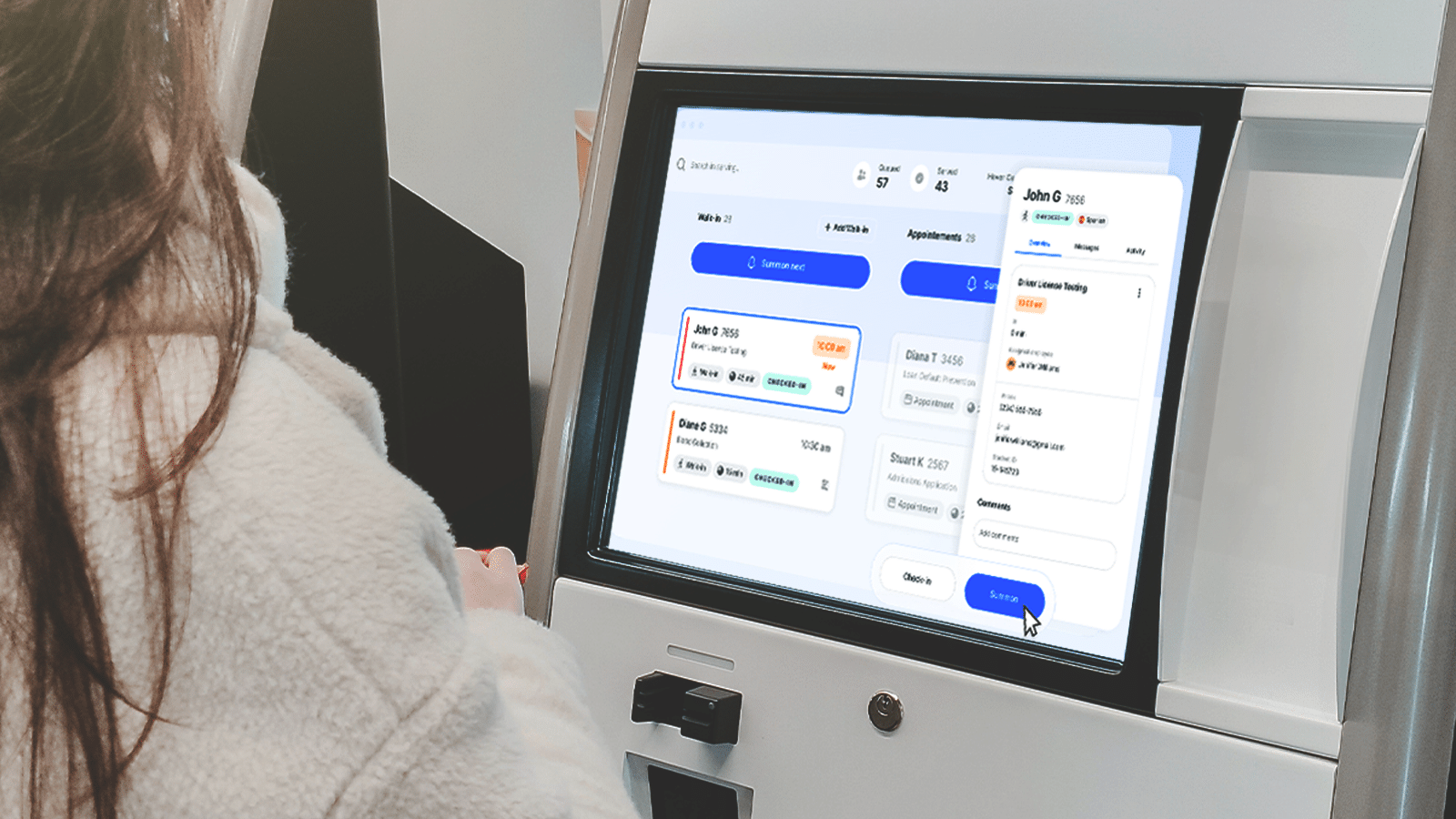 A person interacts with a touchscreen displaying a bus ticket purchasing interface on a self-service kiosk, enhanced by QLess queue management technology.