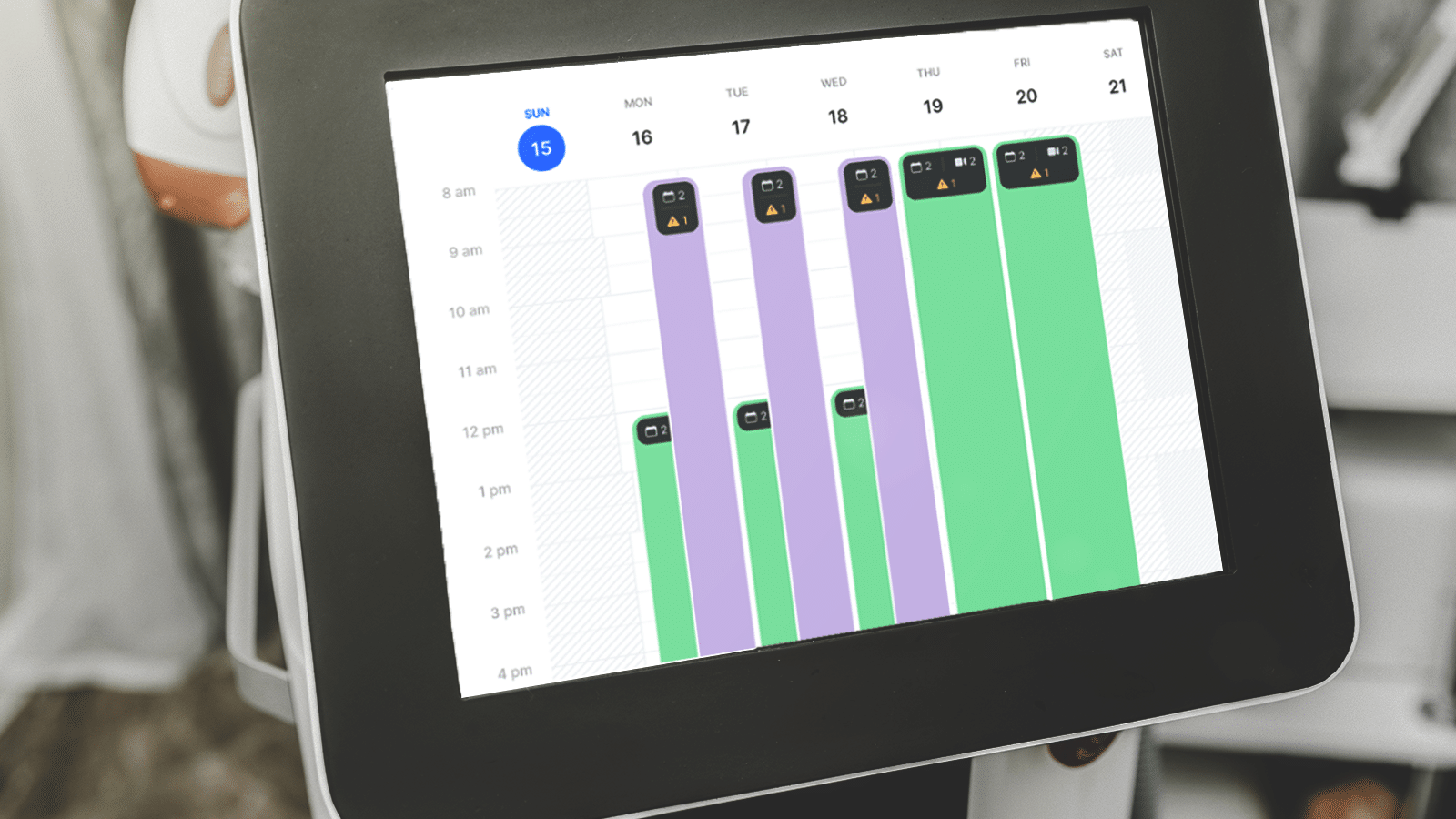 A touchscreen interface displaying user information, appointments, and queue management options.