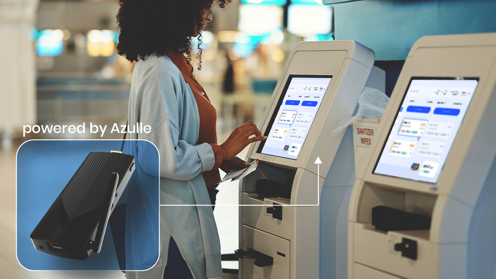 A woman interacts with a touchscreen self-service kiosk at an airport. An inset image highlights the mini PC powering the kiosk, labeled "powered by Azulle Mini PCs," showcasing its role in efficient queue management.