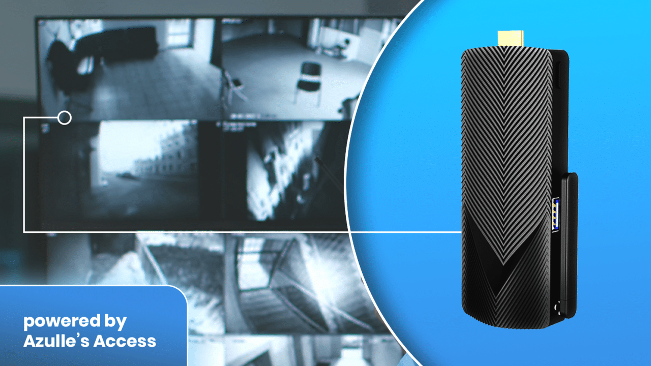A compact black mini PC is shown, with a collage of black and white security camera feeds in the background. Text reads "powered by Azulle's Access Mini PC" in the bottom left corner, seamlessly integrating with the CORTROL video Wall System for enhanced security from Ganz Security.