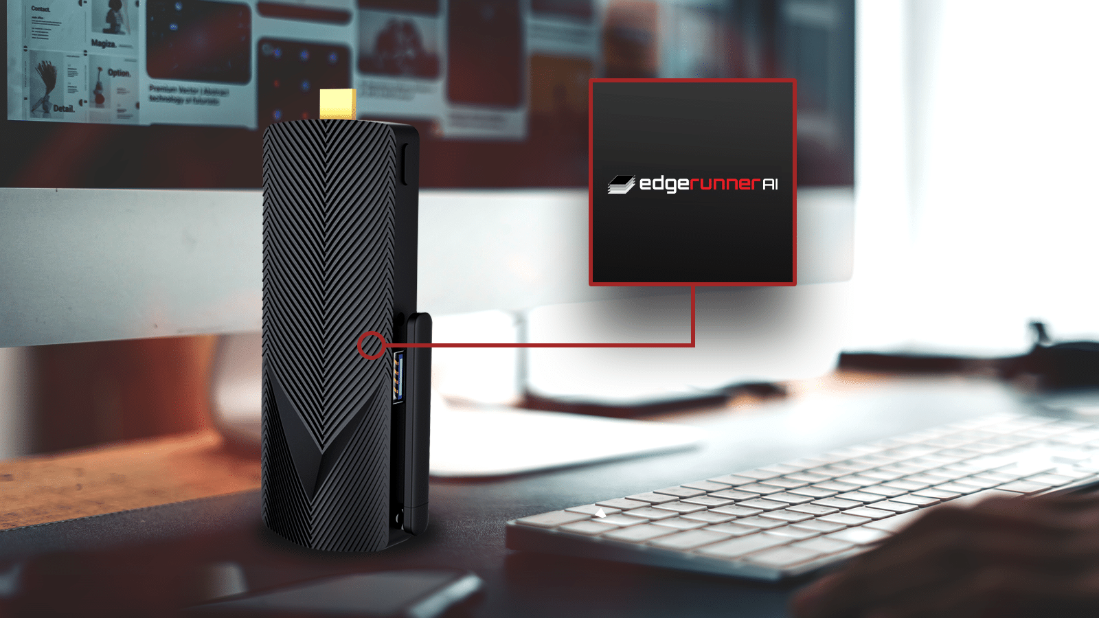 A black USB device labeled "EdgeRunner AI" is connected to a mini pc. A monitor displays various graphics, with "EdgeRunner AI" highlighted. A keyboard is visible in the foreground.