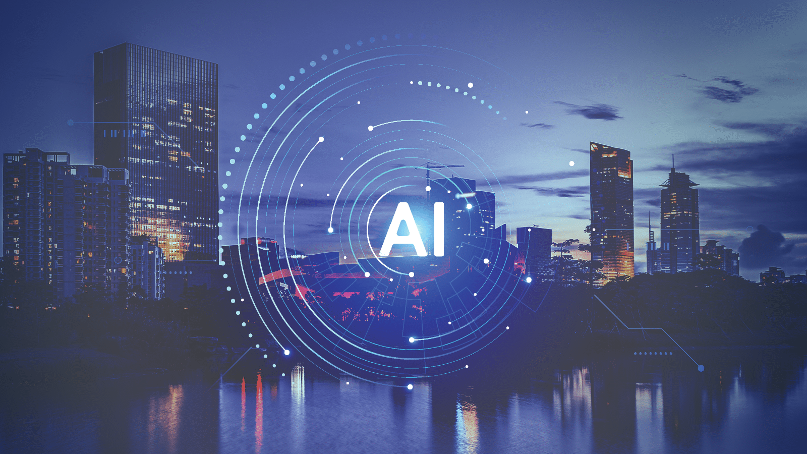 Urban skyline at dusk with tall buildings reflected in the water. A circular digital graphic with "AI" in the center overlays the image, signifying Generative AI advancements by Azulle.