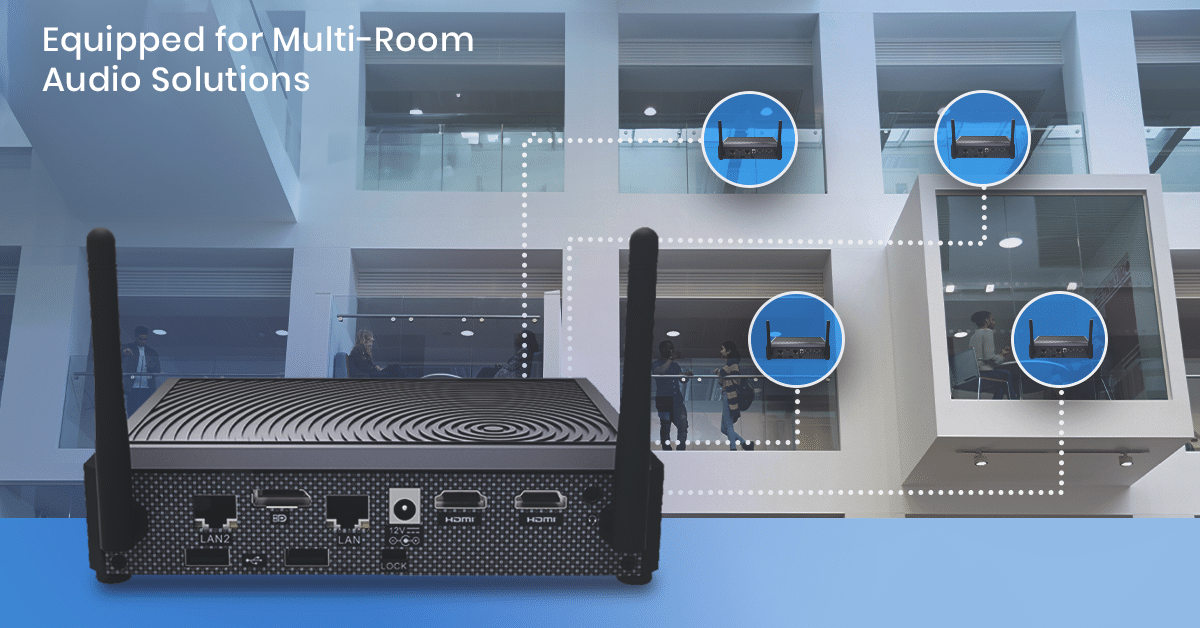 Compact mini PC in a modern room setup, seamlessly connected with smart devices for smooth control and automation, showcasing its versatility as the central hub for lighting, audio, and display systems.